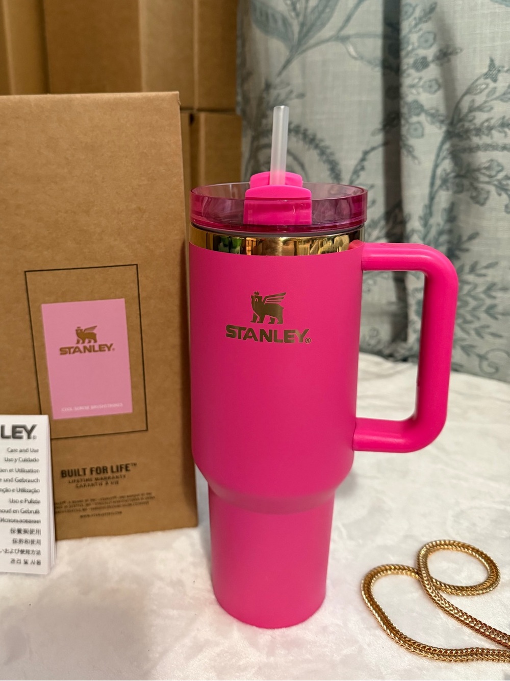 40oz Stanley tumbler cup Hot Pink with Gold Accent